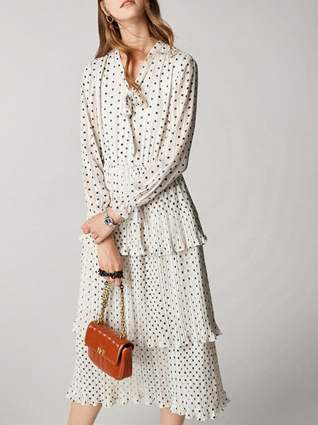Polka Dot Long Sleeves Tiered Dress