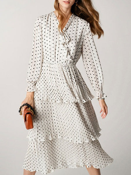Polka Dot Long Sleeves Tiered Dress