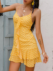 Polka Dot Pattern Ruffles Layered Sleeveless Beach Dress