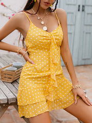 Polka Dot Pattern Ruffles Layered Sleeveless Beach Dress
