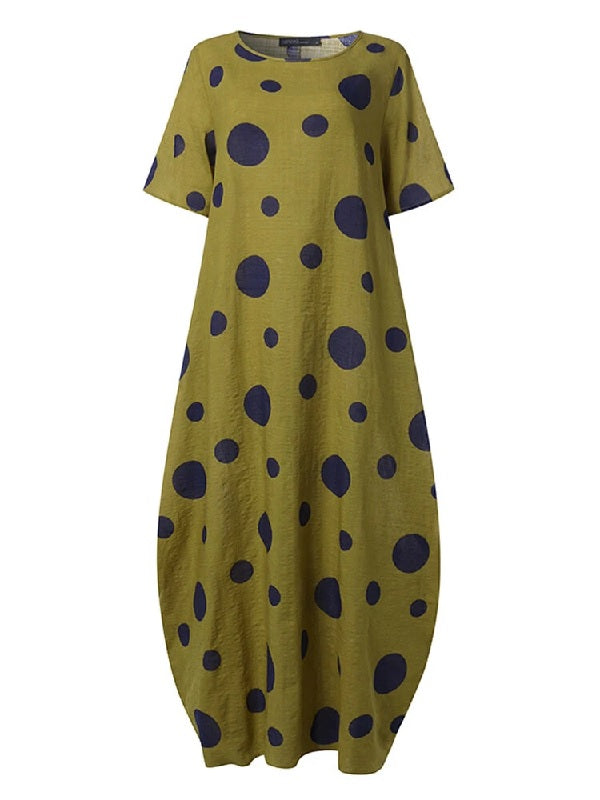Polka Dot Print O-neck Loose Bohemian Long Maxi Dress
