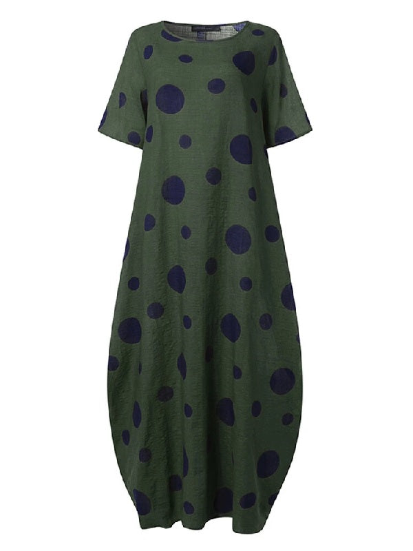 Polka Dot Print O-neck Loose Bohemian Long Maxi Dress