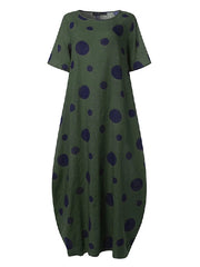 Polka Dot Print O-neck Loose Bohemian Long Maxi Dress