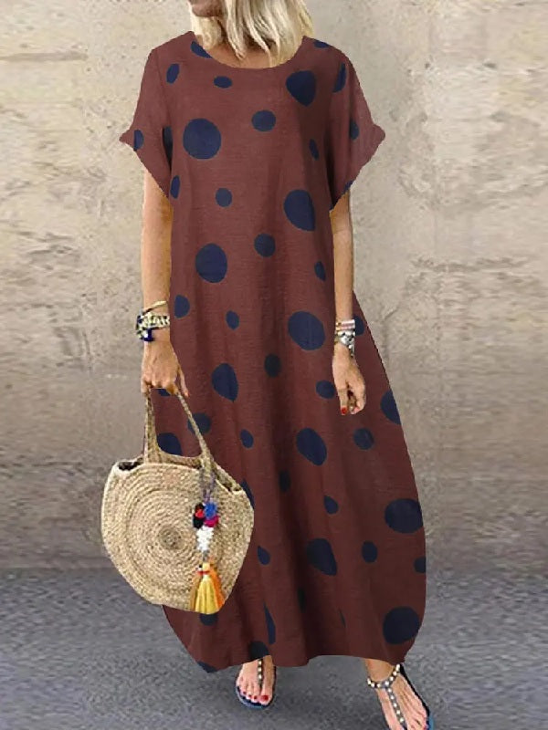 Polka Dot Print O-neck Loose Bohemian Long Maxi Dress