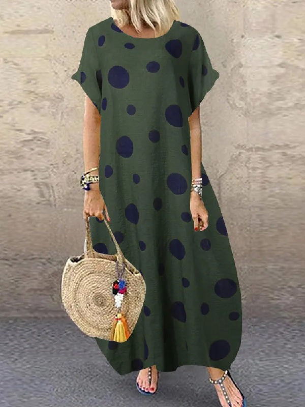 Polka Dot Print O-neck Loose Bohemian Long Maxi Dress