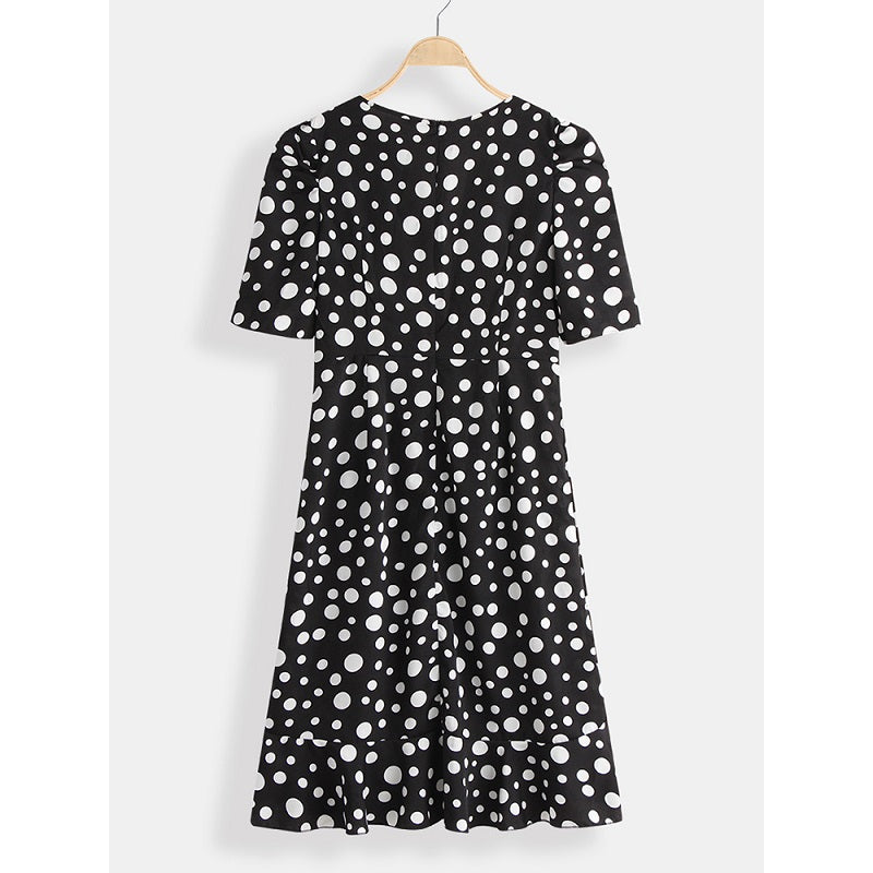 Polka Dot Print V-neck High Low Hem Dress