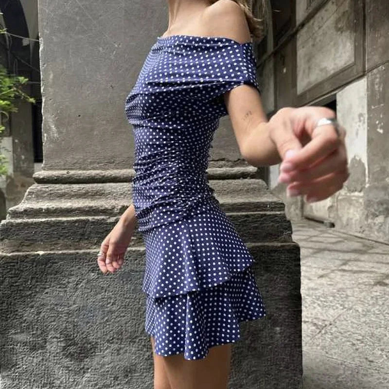 Polka Dot Slant Shoulder Irregularly Pullover High Waist Mini Dress