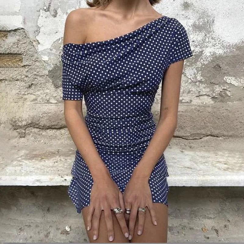 Polka Dot Slant Shoulder Irregularly Pullover High Waist Mini Dress