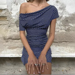 Polka Dot Slant Shoulder Irregularly Pullover High Waist Mini Dress