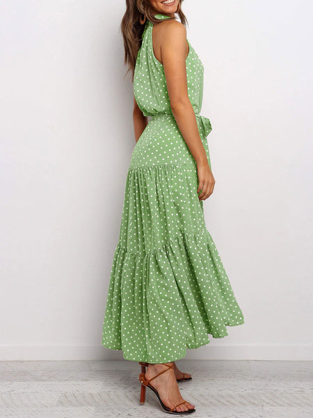 Polka Dot Sleeveless Sash Swing Maxi Dresses