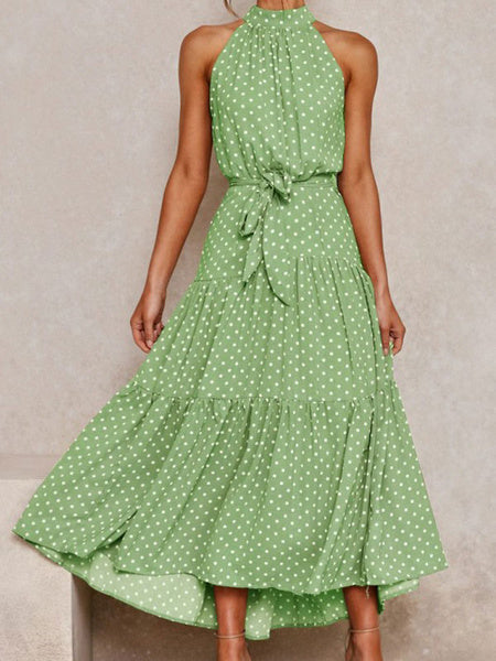 Polka Dot Sleeveless Sash Swing Maxi Dresses