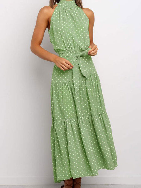 Polka Dot Sleeveless Sash Swing Maxi Dresses