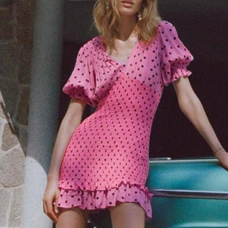 Casual Polka Dot V Neck Short Sleeve Pleated Ruffle Elastic Party Mini Dress