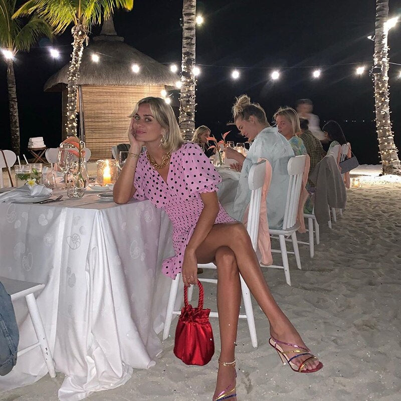 Casual Polka Dot V Neck Short Sleeve Pleated Ruffle Elastic Party Mini Dress