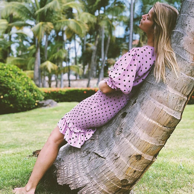 Casual Polka Dot V Neck Short Sleeve Pleated Ruffle Elastic Party Mini Dress