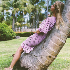 Casual Polka Dot V Neck Short Sleeve Pleated Ruffle Elastic Party Mini Dress