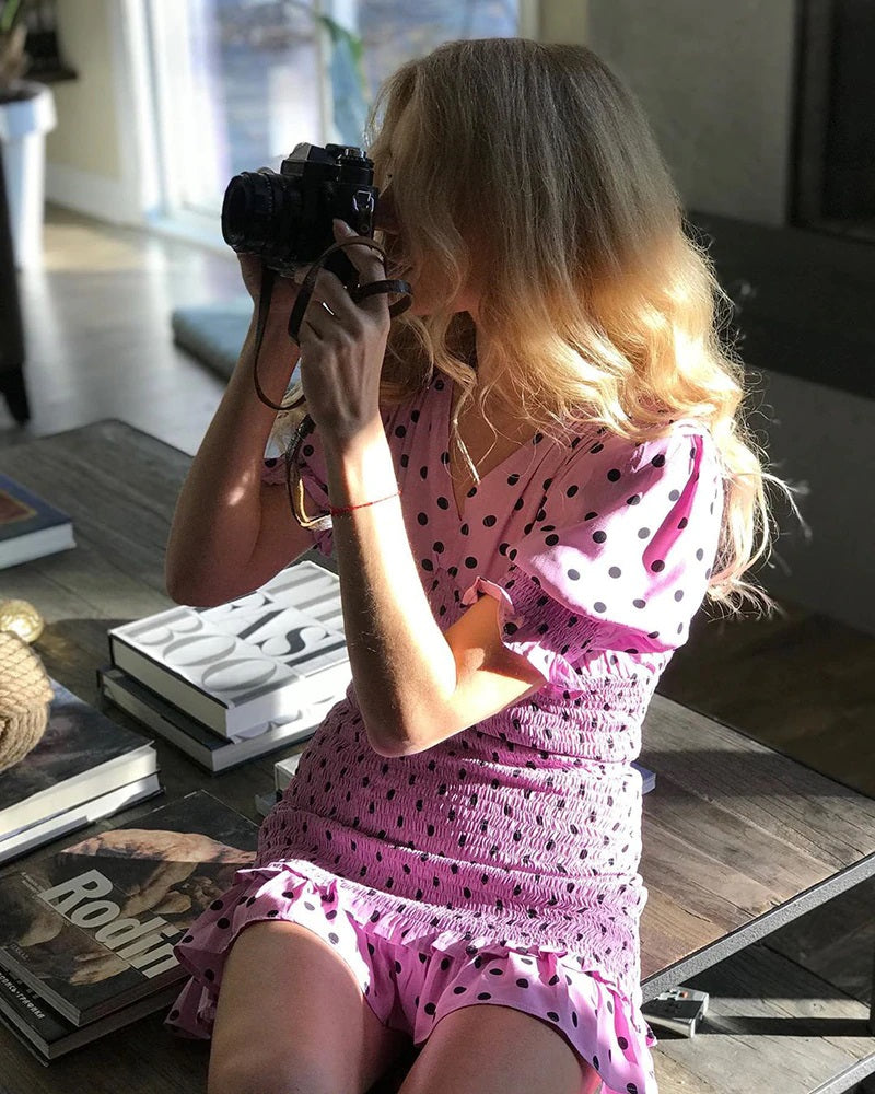 Casual Polka Dot V Neck Short Sleeve Pleated Ruffle Elastic Party Mini Dress