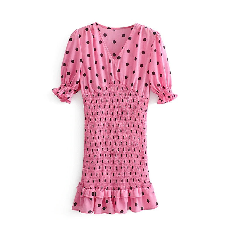 Casual Polka Dot V Neck Short Sleeve Pleated Ruffle Elastic Party Mini Dress