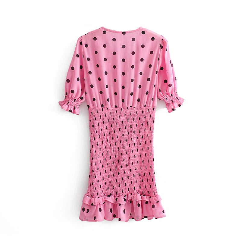 Casual Polka Dot V Neck Short Sleeve Pleated Ruffle Elastic Party Mini Dress