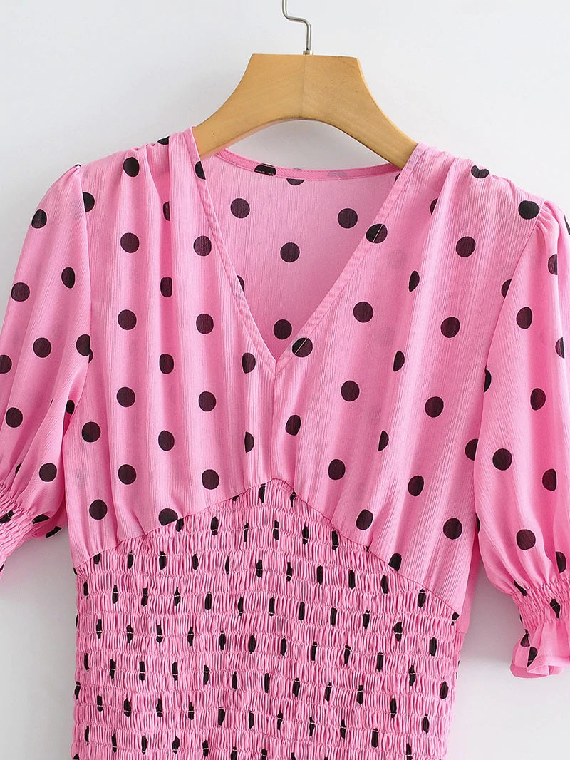Casual Polka Dot V Neck Short Sleeve Pleated Ruffle Elastic Party Mini Dress