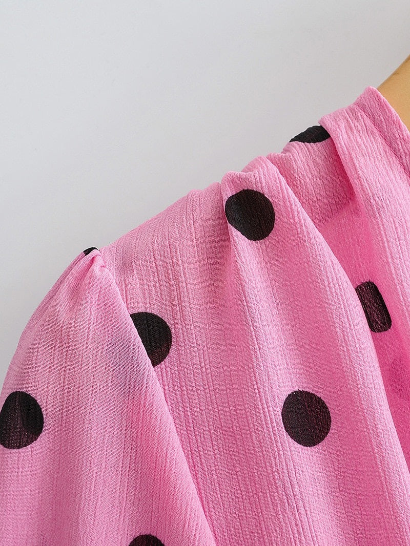 Casual Polka Dot V Neck Short Sleeve Pleated Ruffle Elastic Party Mini Dress