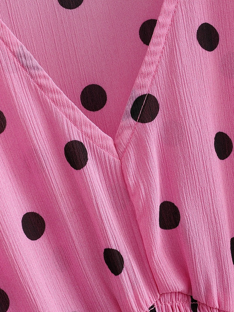 Casual Polka Dot V Neck Short Sleeve Pleated Ruffle Elastic Party Mini Dress