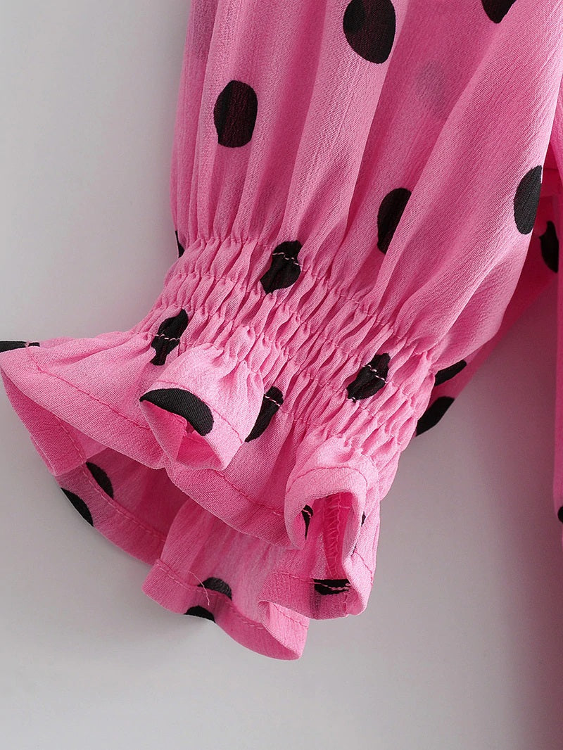 Casual Polka Dot V Neck Short Sleeve Pleated Ruffle Elastic Party Mini Dress