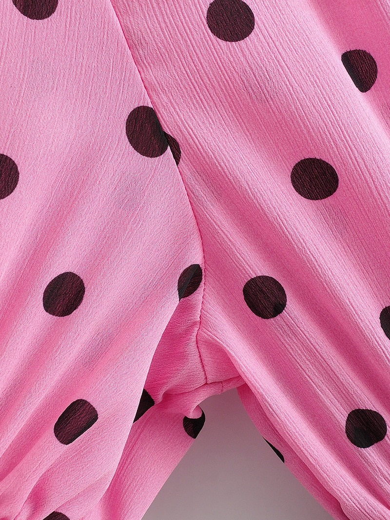 Casual Polka Dot V Neck Short Sleeve Pleated Ruffle Elastic Party Mini Dress