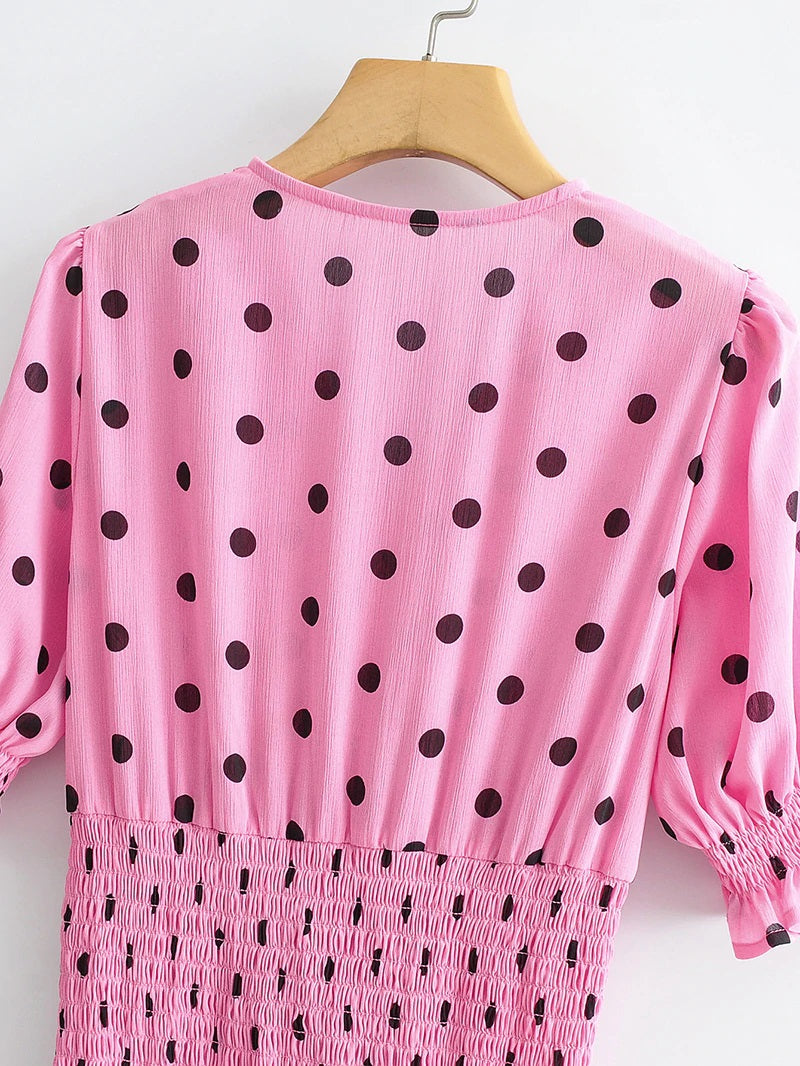 Casual Polka Dot V Neck Short Sleeve Pleated Ruffle Elastic Party Mini Dress