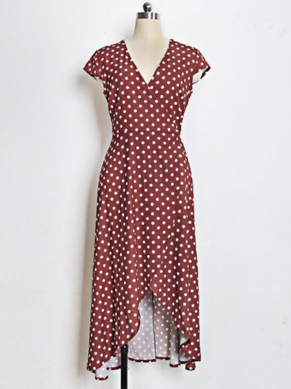 Polka Dot Wrap Split Cap Sleeve Maxi Dresses