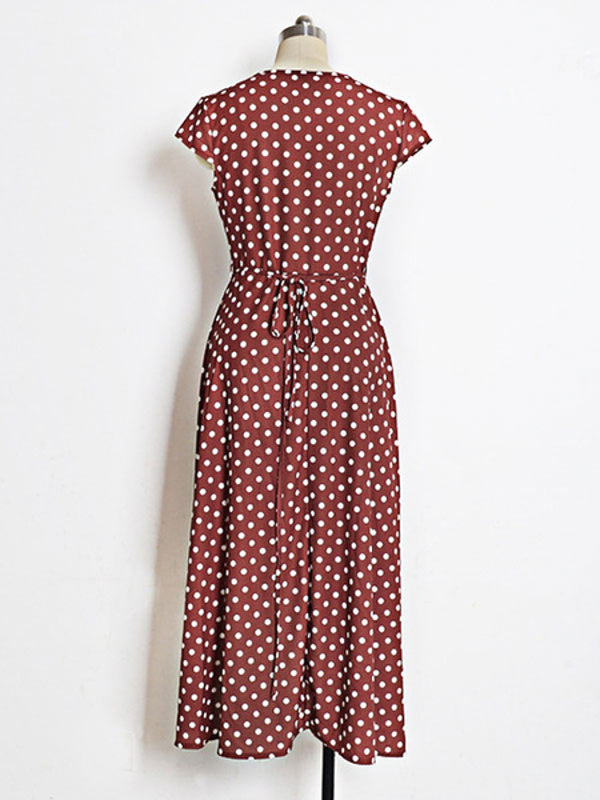 Polka Dot Wrap Split Cap Sleeve Maxi Dresses