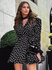 Elegant Polka Dot Wrap V-neck Bell Sleeve Vintage Mini Dress