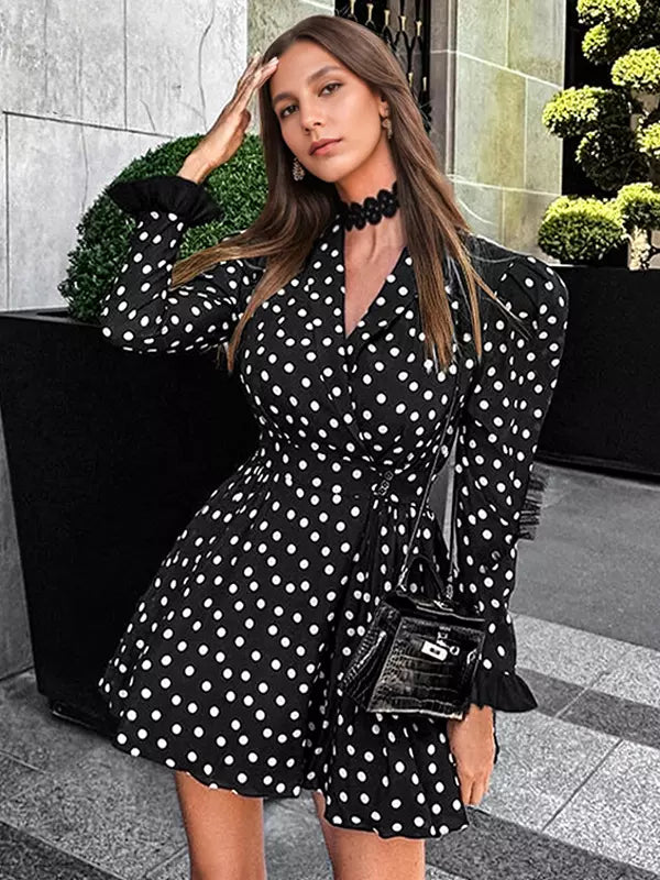 Elegant Polka Dot Wrap V-neck Bell Sleeve Vintage Mini Dress