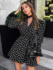 Elegant Polka Dot Wrap V-neck Bell Sleeve Vintage Mini Dress