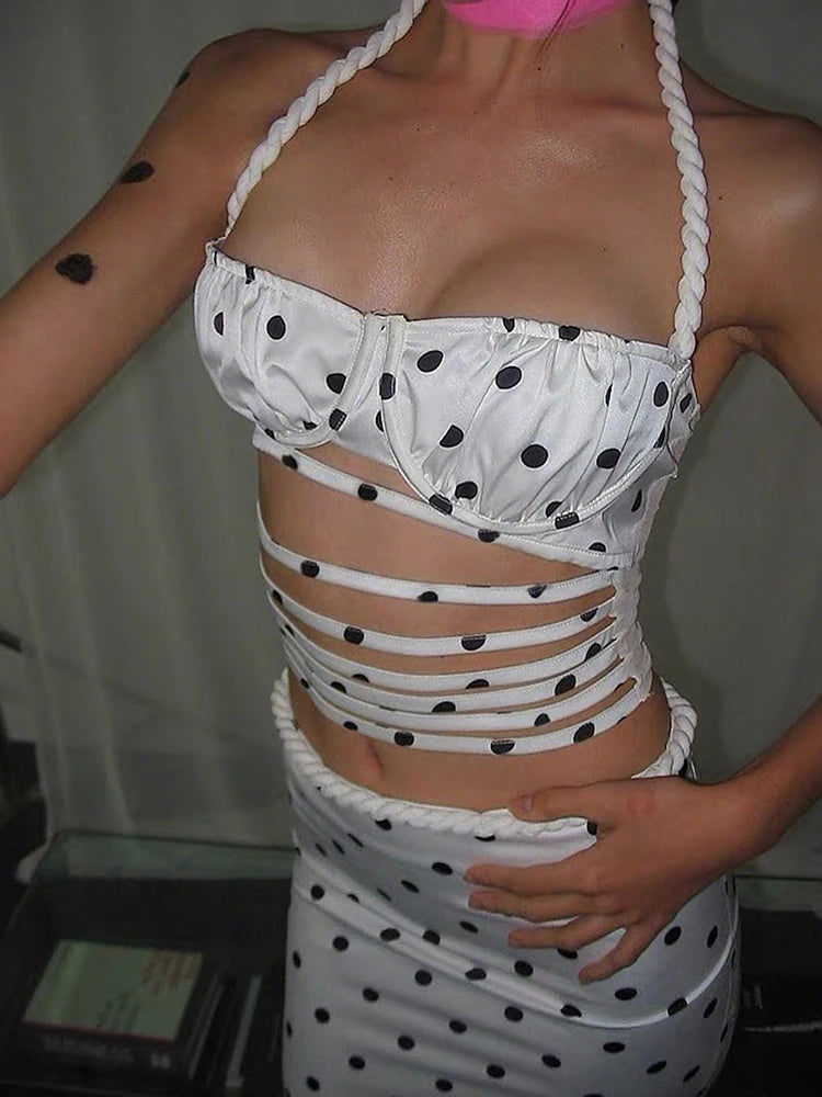 Polka Dots Print Halter Plait Hollow Stripe Camisole Mid Skirts Simple 2 Piece Set