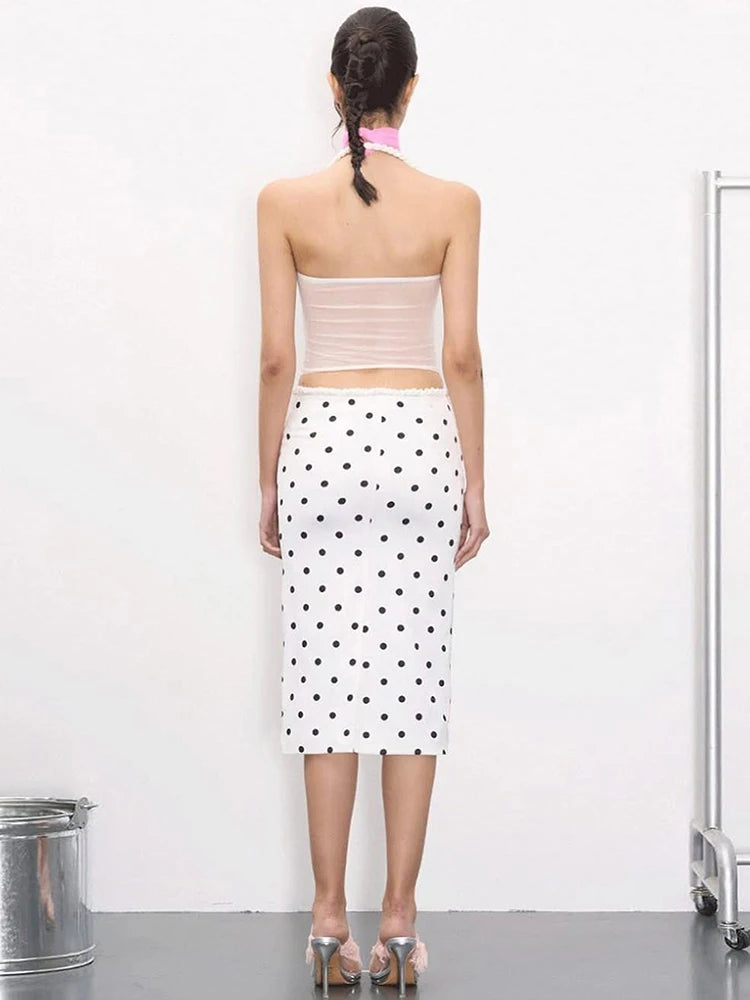 Polka Dots Print Halter Plait Hollow Stripe Camisole Mid Skirts Simple 2 Piece Set