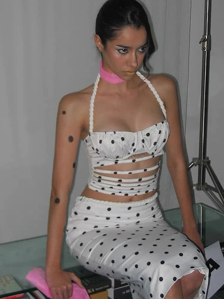 Polka Dots Print Halter Plait Hollow Stripe Camisole Mid Skirts Simple 2 Piece Set