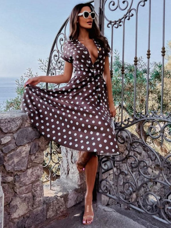 Polyester V Neck Short Sleeves Midi Dress
