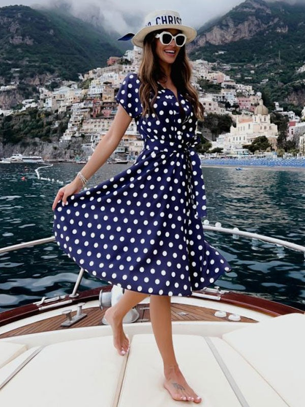 Polyester V Neck Short Sleeves Midi Dress