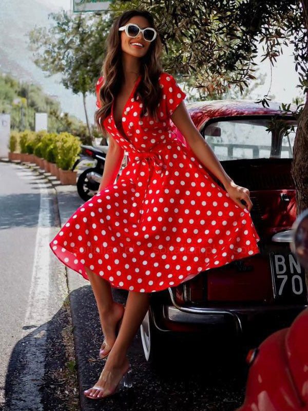 Polyester V Neck Short Sleeves Midi Dress