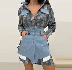 Preppy Style Patchwork Striped Long Sleeve Lapel Shirts And Skirt Slim Outfit