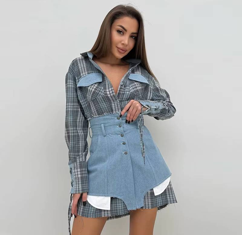 Preppy Style Patchwork Striped Long Sleeve Lapel Shirts And Skirt Slim Outfit