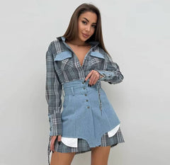 Preppy Style Patchwork Striped Long Sleeve Lapel Shirts And Skirt Slim Outfit