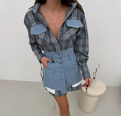 Preppy Style Patchwork Striped Long Sleeve Lapel Shirts And Skirt Slim Outfit