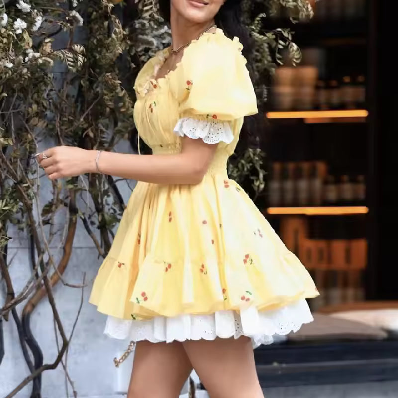 Princess Puff Sleeve Ruffle Cherry Print Spliced Lace Mini Dress