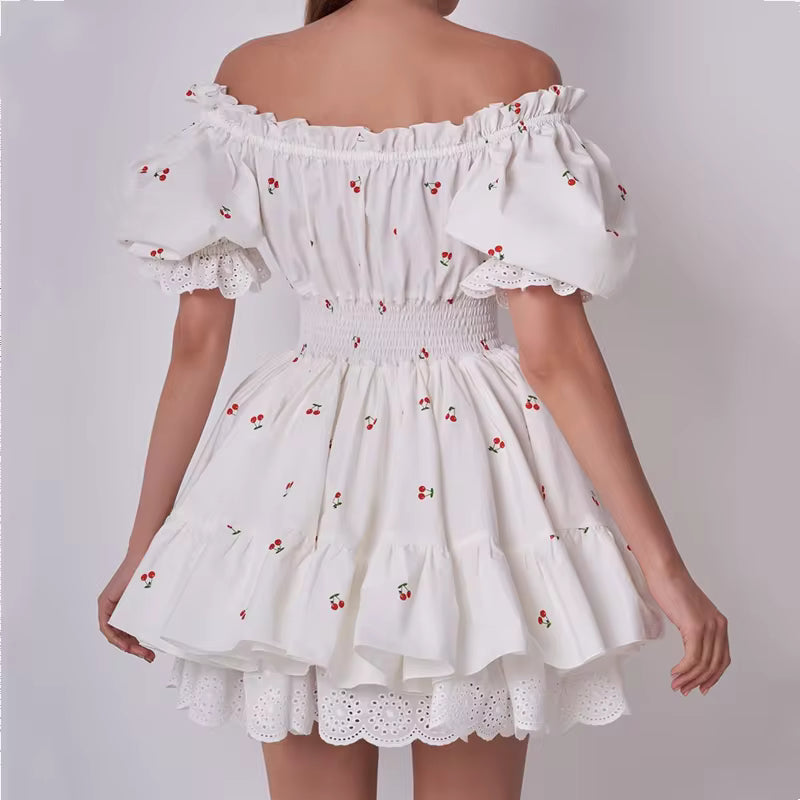 Princess Puff Sleeve Ruffle Cherry Print Spliced Lace Mini Dress