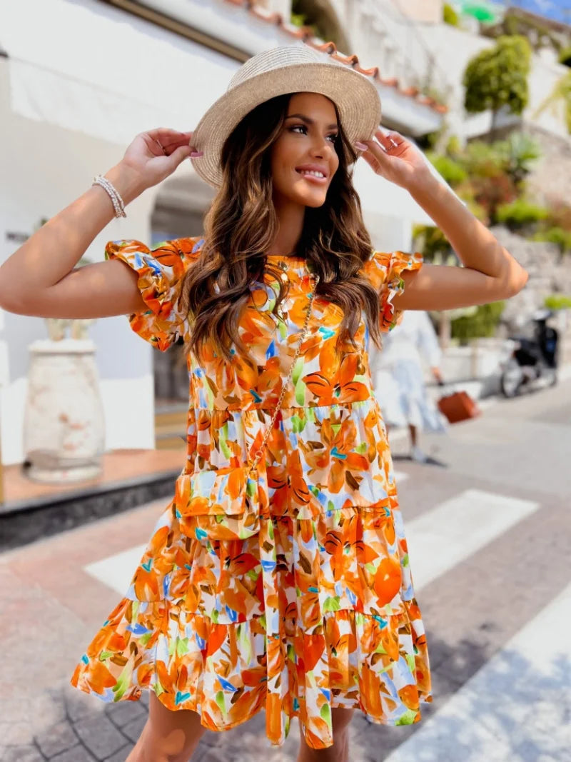 Print A-Line Patchwork Design Ruffles Decor O-Neck Flare Sleeve Mid Waist Slim Mini Dress