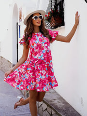 Print A-Line Patchwork Design Ruffles Decor O-Neck Flare Sleeve Mid Waist Slim Mini Dress