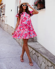 Print A-Line Patchwork Design Ruffles Decor O-Neck Flare Sleeve Mid Waist Slim Mini Dress