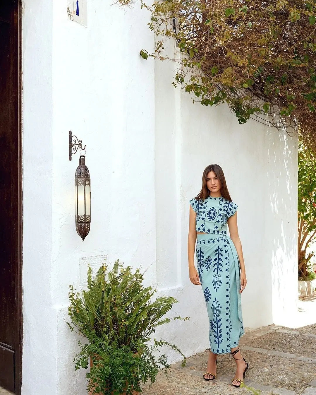 Print Cropped Top High Waist Lace up Vacation Style Skirt Two Piece Set